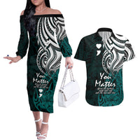 Your Matter Suicide Prevention Couples Matching Off The Shoulder Long Sleeve Dress and Hawaiian Shirt Turqoise Polynesian Tribal LT9 Turquoise - Polynesian Pride