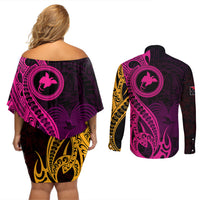 Papua New Guinea Island Couples Matching Off Shoulder Short Dress and Long Sleeve Button Shirts Bird of Paradise with Gold Polynesian Tribal LT9 - Polynesian Pride