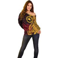Papua New Guinea Island Off Shoulder Sweater Bird of Paradise with Gold Polynesian Tribal LT9 - Polynesian Pride