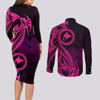 Papua New Guinea Island Couples Matching Long Sleeve Bodycon Dress and Long Sleeve Button Shirts Bird of Paradise with Pink Polynesian Tribal LT9 - Polynesian Pride
