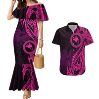 Papua New Guinea Island Couples Matching Mermaid Dress and Hawaiian Shirt Bird of Paradise with Pink Polynesian Tribal LT9 Pink - Polynesian Pride