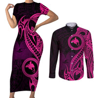 Papua New Guinea Island Couples Matching Short Sleeve Bodycon Dress and Long Sleeve Button Shirts Bird of Paradise with Pink Polynesian Tribal LT9 Pink - Polynesian Pride