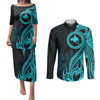 Papua New Guinea Island Couples Matching Puletasi Dress and Long Sleeve Button Shirts Bird of Paradise with Aqua Polynesian Tribal LT9 Aqua - Polynesian Pride