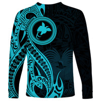 Papua New Guinea Island Long Sleeve Shirt Bird of Paradise with Aqua Polynesian Tribal LT9 - Polynesian Pride