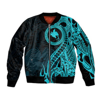 Papua New Guinea Island Sleeve Zip Bomber Jacket Bird of Paradise with Aqua Polynesian Tribal LT9 Unisex Aqua - Polynesian Pride