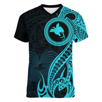 Papua New Guinea Island Women V Neck T Shirt Bird of Paradise with Aqua Polynesian Tribal LT9 Female Aqua - Polynesian Pride