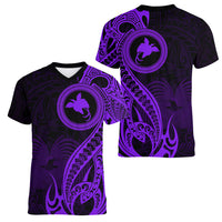 Papua New Guinea Island Women V Neck T Shirt Bird of Paradise with Purple Polynesian Tribal LT9 - Polynesian Pride