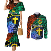 Tafea Day Couples Matching Mermaid Dress and Long Sleeve Button Shirts Vanuatu Sand Drawing With Polynesian Pattern LT9 Blue - Polynesian Pride