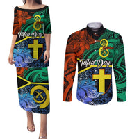 Tafea Day Couples Matching Puletasi Dress and Long Sleeve Button Shirts Vanuatu Sand Drawing With Polynesian Pattern LT9 Blue - Polynesian Pride