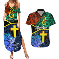 Tafea Day Couples Matching Summer Maxi Dress and Hawaiian Shirt Vanuatu Sand Drawing With Polynesian Pattern LT9 Blue - Polynesian Pride