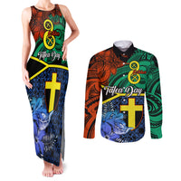 Tafea Day Couples Matching Tank Maxi Dress and Long Sleeve Button Shirts Vanuatu Sand Drawing With Polynesian Pattern LT9 Blue - Polynesian Pride