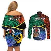 Personalised Tafea Day Couples Matching Off Shoulder Short Dress and Long Sleeve Button Shirts Vanuatu Sand Drawing With Polynesian Pattern LT9 - Polynesian Pride