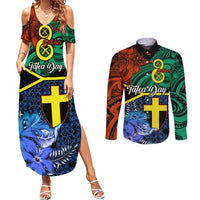 Personalised Tafea Day Couples Matching Summer Maxi Dress and Long Sleeve Button Shirts Vanuatu Sand Drawing With Polynesian Pattern LT9 Blue - Polynesian Pride