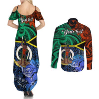 Personalised Tafea Day Couples Matching Summer Maxi Dress and Long Sleeve Button Shirts Vanuatu Sand Drawing With Polynesian Pattern LT9 - Polynesian Pride