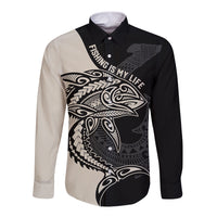 Personalised Polynesia Fishing Long Sleeve Button Shirt With Maori Hei Matau Fish Hook Gold Art LT9 Unisex Gold - Polynesian Pride