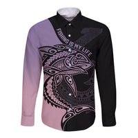 Personalised Polynesia Fishing Long Sleeve Button Shirt With Maori Hei Matau Fish Hook Pastel Art LT9 Unisex Pastel - Polynesian Pride