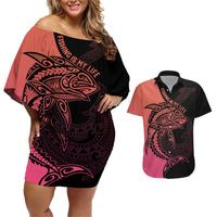 personalised-polynesia-fishing-couples-matching-off-shoulder-short-dress-and-hawaiian-shirt-with-maori-hei-matau-fish-hook-pink-art