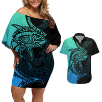 personalised-polynesia-fishing-couples-matching-off-shoulder-short-dress-and-hawaiian-shirt-with-maori-hei-matau-fish-hook-turquoise-art
