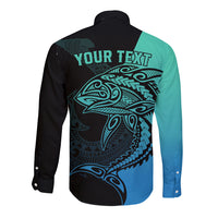 Personalised Polynesia Fishing Long Sleeve Button Shirt With Maori Hei Matau Fish Hook Turquoise Art LT9 - Polynesian Pride
