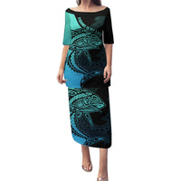Personalised Polynesia Fishing Puletasi With Maori Hei Matau Fish Hook Turquoise Art LT9 Long Dress Turquoise - Polynesian Pride
