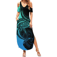 Personalised Polynesia Fishing Summer Maxi Dress With Maori Hei Matau Fish Hook Turquoise Art LT9 Women Turquoise - Polynesian Pride