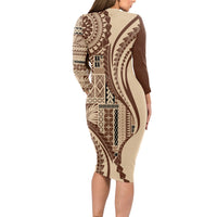 Samoa Siapo Arty Long Sleeve Bodycon Dress Brown Style LT9 - Polynesian Pride