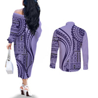 Samoa Siapo Arty Couples Matching Off The Shoulder Long Sleeve Dress and Long Sleeve Button Shirt Purple Style LT9 - Polynesian Pride