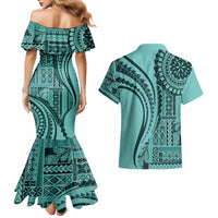 Samoa Siapo Arty Couples Matching Mermaid Dress and Hawaiian Shirt Turquoise Style LT9 - Polynesian Pride