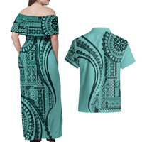 Samoa Siapo Arty Couples Matching Off Shoulder Maxi Dress and Hawaiian Shirt Turquoise Style LT9 - Polynesian Pride