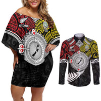 Aotearoa and Niue Mo Te Tiriti Couples Matching Off Shoulder Short Dress and Long Sleeve Button Shirt New Zealand Honour The Treaty Ake!Ake!Ake!