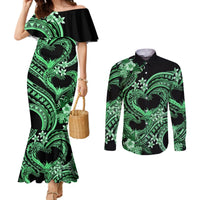Polynesia Valentines Day Forever In My Heart Tattoo Couples Matching Mermaid Dress and Long Sleeve Button Shirt Green Style LT9 Green - Polynesian Pride