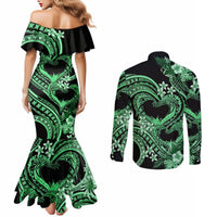 Polynesia Valentines Day Forever In My Heart Tattoo Couples Matching Mermaid Dress and Long Sleeve Button Shirt Green Style LT9 - Polynesian Pride
