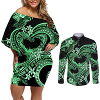 Polynesia Valentines Day Forever In My Heart Tattoo Couples Matching Off Shoulder Short Dress and Long Sleeve Button Shirt Green Style LT9 Green - Polynesian Pride