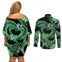 Polynesia Valentines Day Forever In My Heart Tattoo Couples Matching Off Shoulder Short Dress and Long Sleeve Button Shirt Green Style LT9 - Polynesian Pride