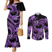 Polynesia Valentines Day Forever In My Heart Tattoo Couples Matching Mermaid Dress and Long Sleeve Button Shirt Purple Style LT9 Purple - Polynesian Pride