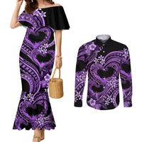 Polynesia Valentines Day Forever In My Heart Tattoo Couples Matching Mermaid Dress and Long Sleeve Button Shirt Purple Style LT9 Purple - Polynesian Pride