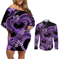 Polynesia Valentines Day Forever In My Heart Tattoo Couples Matching Off Shoulder Short Dress and Long Sleeve Button Shirt Purple Style LT9 Purple - Polynesian Pride