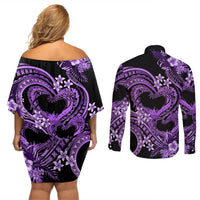 Polynesia Valentines Day Forever In My Heart Tattoo Couples Matching Off Shoulder Short Dress and Long Sleeve Button Shirt Purple Style LT9 - Polynesian Pride