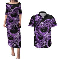 Polynesia Valentines Day Forever In My Heart Tattoo Couples Matching Puletasi and Hawaiian Shirt Purple Style LT9 Purple - Polynesian Pride