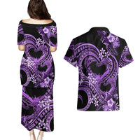 Polynesia Valentines Day Forever In My Heart Tattoo Couples Matching Puletasi and Hawaiian Shirt Purple Style LT9 - Polynesian Pride