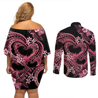 Polynesia Valentines Day Forever In My Heart Tattoo Couples Matching Off Shoulder Short Dress and Long Sleeve Button Shirt Pink Style LT9 - Polynesian Pride