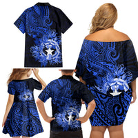 Northern Mariana Islands Ylang-ylang Mwarmwar Family Matching Off Shoulder Short Dress and Hawaiian Shirt Polynesian Blue Style LT9 - Polynesian Pride