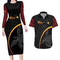 Papua New Guinea 50th Independence Day Couples Matching Long Sleeve Bodycon Dress and Hawaiian Shirt Simple Oro Tapa Pattern - Polynesian Pride