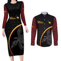 Papua New Guinea 50th Independence Day Couples Matching Long Sleeve Bodycon Dress and Long Sleeve Button Shirt Simple Oro Tapa Pattern - Polynesian Pride