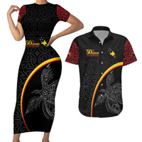 Papua New Guinea 50th Independence Day Couples Matching Short Sleeve Bodycon Dress and Hawaiian Shirt Simple Oro Tapa Pattern - Polynesian Pride