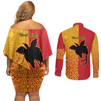 Papua New Guinea Oro Tapa Personalised Couples Matching Off Shoulder Short Dress and Long Sleeve Button Shirt Simple Bird of Paradise Style - Polynesian Pride