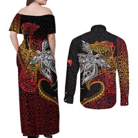 Papua New Guinea Sepik Personalised Couples Matching Off Shoulder Maxi Dress and Long Sleeve Button Shirt PNG Bird of Paradise Tattoo - Polynesian Pride