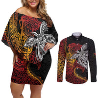 Papua New Guinea Sepik Personalised Couples Matching Off Shoulder Short Dress and Long Sleeve Button Shirt PNG Bird of Paradise Tattoo - Polynesian Pride