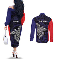 Personalised PNG Bougainville Couples Matching Off The Shoulder Long Sleeve Dress and Long Sleeve Button Shirt Bird of Paradise Tattoo Flag Motif - Polynesian Pride