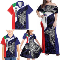 Personalised PNG Bougainville Family Matching Off Shoulder Maxi Dress and Hawaiian Shirt Bird of Paradise Tattoo Flag Motif - Polynesian Pride
